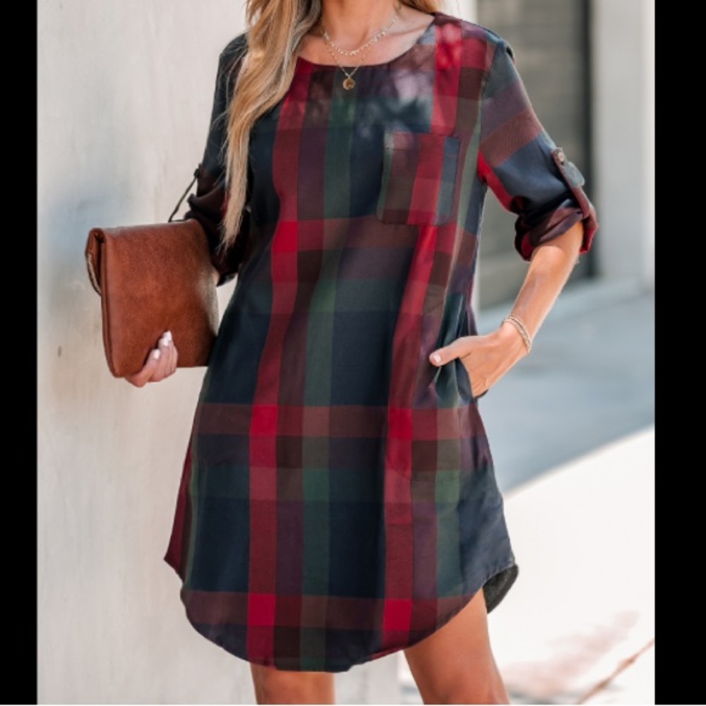 Cupshe Lady Leisure Plaid Long Sleeve Mini Shirt Dress